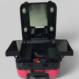 Кейс для визажиста, пластиковый, внутри зеркало с подсветкой, розовый, на колёсиках, размер 40Х27Х46см.